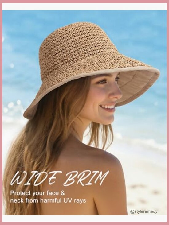 Wide Brim Straw Bucket Hat with UPF 50+ Sun Protection Foldable main image 4